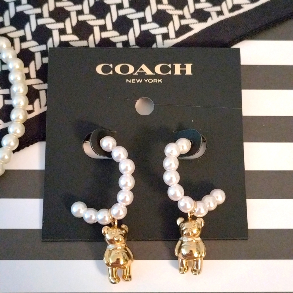 Coach Pearl Hoop Bear Pendant Earrings